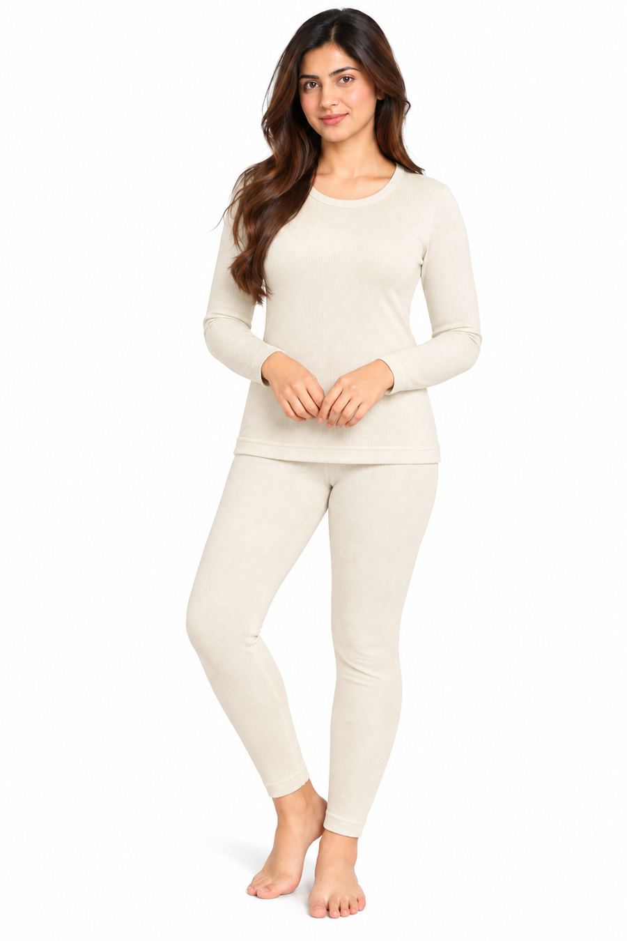 Ribbed Round Neck Long Sleeves Thermal Set - Off White