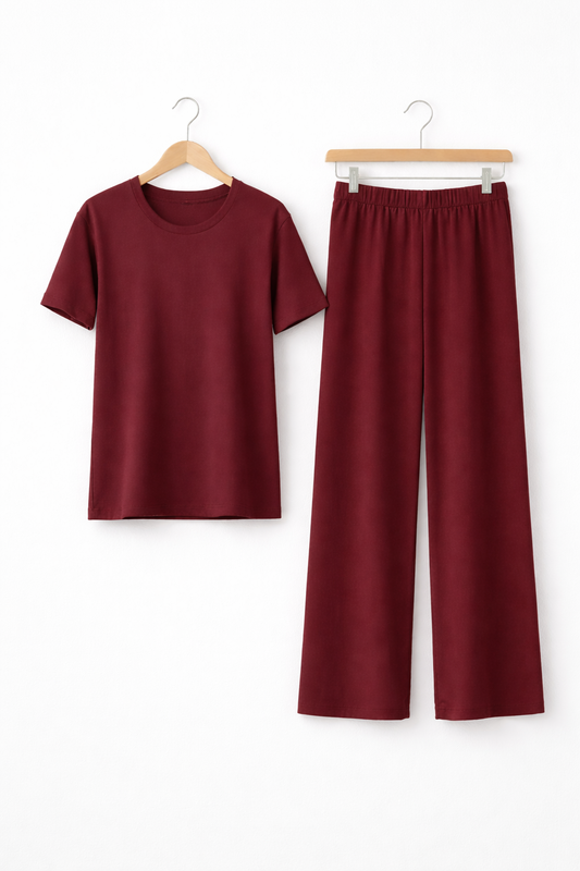 Women’s Casual Co-Ord Set – T-Shirt & Loose Fit Trousers - Maroon