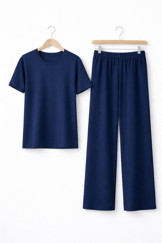 Women’s Casual Co-Ord Set – T-Shirt & Loose Fit Trousers - Navy Blue