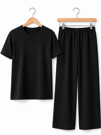 Women’s Casual Co-Ord Set – T-Shirt & Loose Fit Trousers - Black