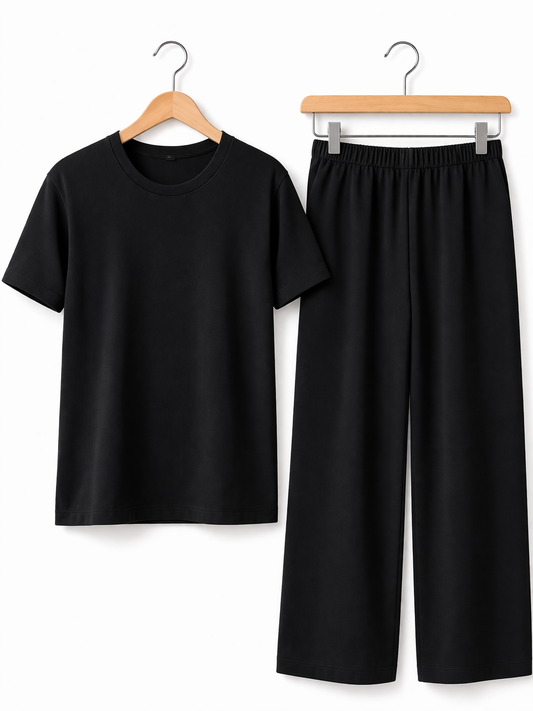 Women’s Casual Co-Ord Set – T-Shirt & Loose Fit Trousers - Black