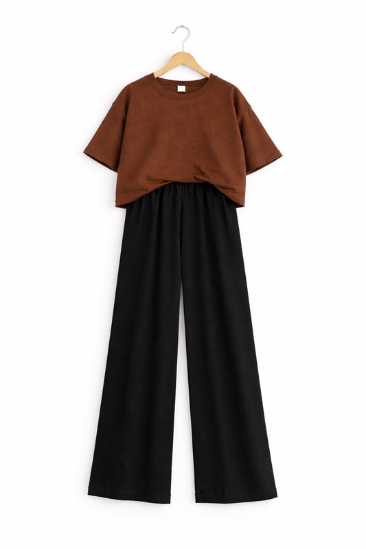 Women’s Oversized T-Shirt & Flapper Combo Set - Brown