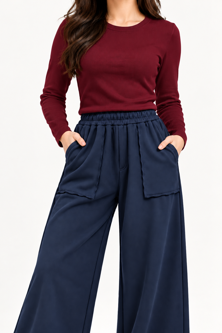 Open Pocket Relaxed Fit Wide Leg Trousers - Blue