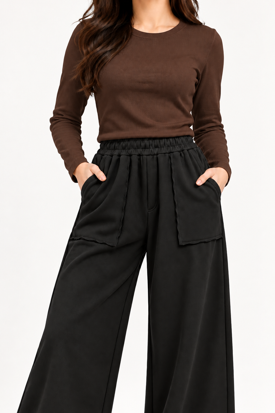 Open Pocket Relaxed Fit Wide Leg Trousers - Black