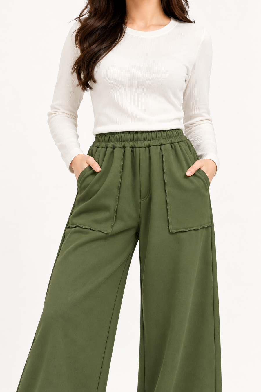Open Pocket Relaxed Fit Wide Leg Trousers - Green