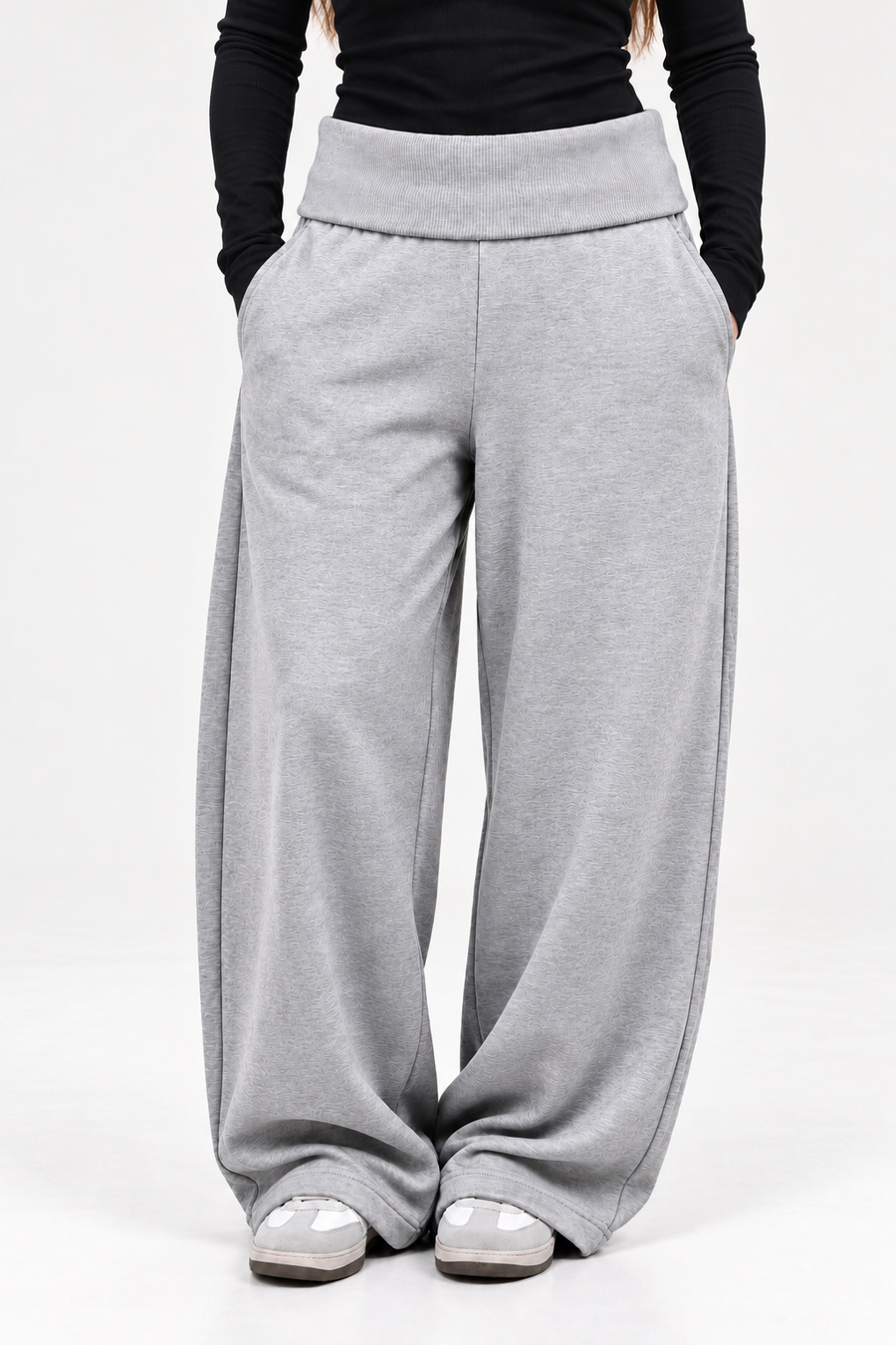 Wide-Leg Fleece Trousers with Fold-Over Waist - Heather Gray