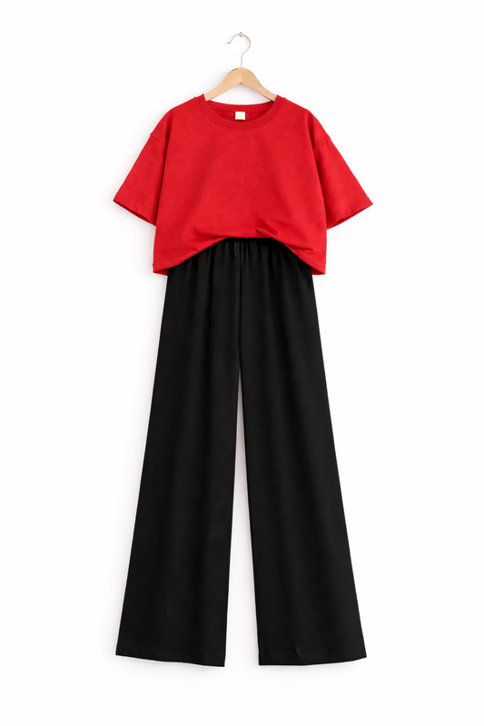 Women’s Oversized T-Shirt & Flapper Combo Set - Red